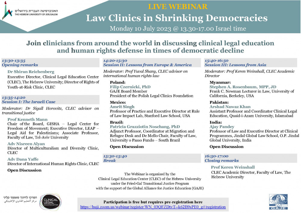 וובינר בינלאומי  בנושא חינוך משפטי קליני בדמוקרטיות במשבר